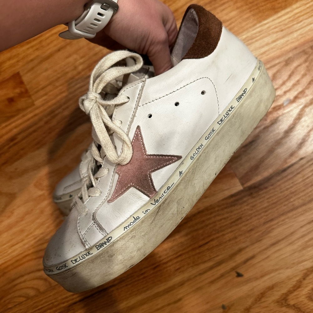Golden Goose White and Brown Distressed Sneakers